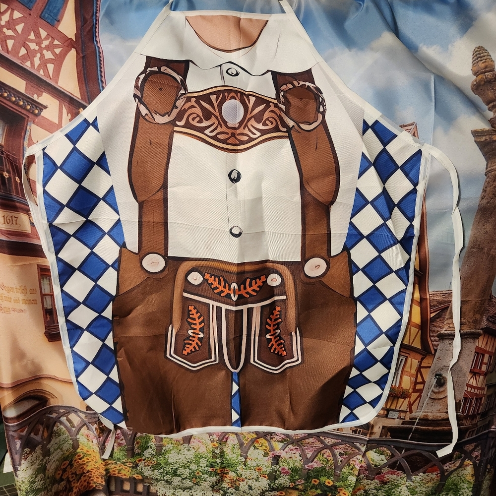 Novelty Oktoberfest Men's Lederhosen Apron in Brown & Blue German Fun Gift NEW